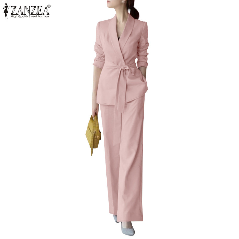 ZANZEA ใส่ ซานเซีย ผู้หญิงเกาหลีอารมณ์ปกสีทึบเสื้อแขนยาวกางเกง