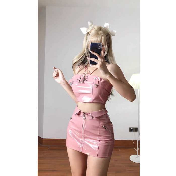 Pink Bra Pure Sheath Suit]Style Short Slimming Women's Two-Piece Vest Leather Skirt High Waist Hot Girl[+