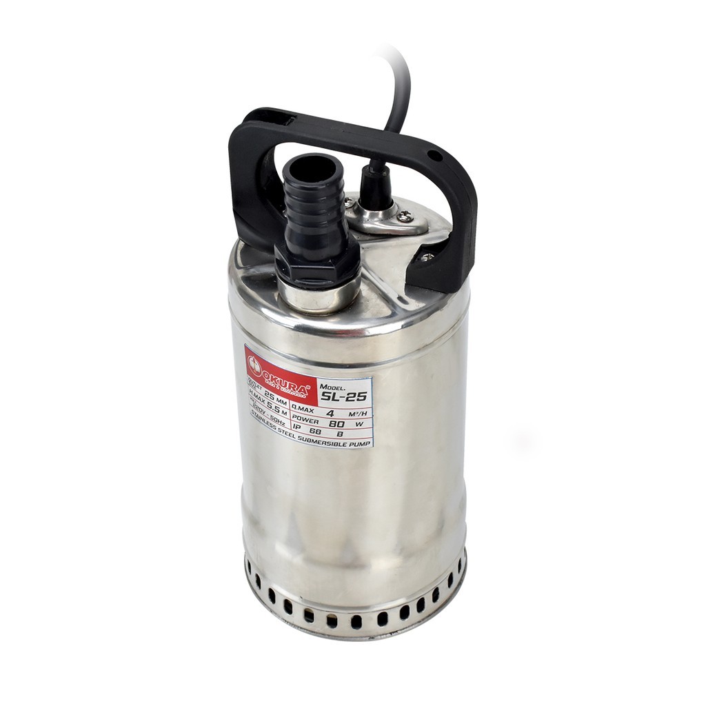 SL-25 ปั้มไดโว่ สแตนเลส ตัวเล็กพิเศษ ขนาดท่อ 1นิ้ว ใช้ไฟ 220V OKURA สินค้าเเท้รับประกันจากผู้เเทนจำห