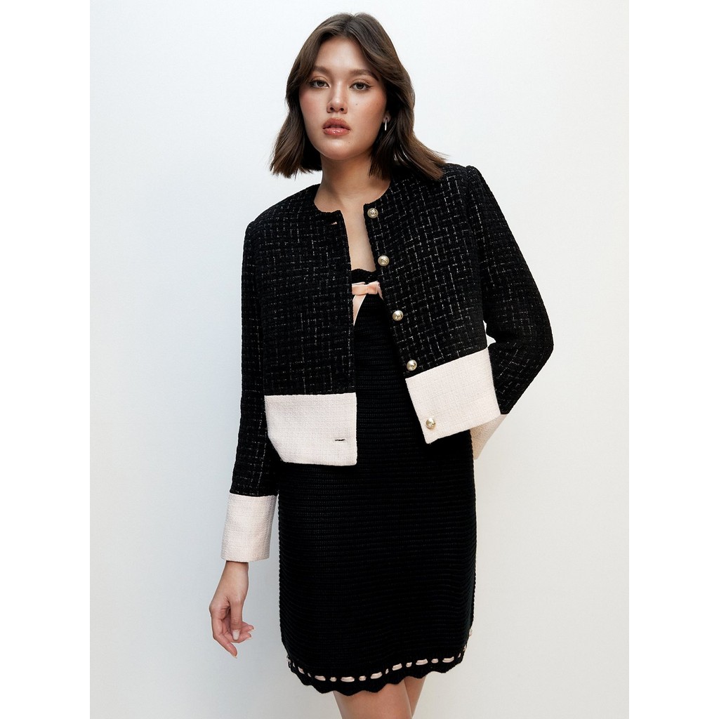 [Pomelo] เสื้อคลุมผ้าทวีดมาพร้อมกระดุมไข่มุก / Pearl Button Tweed Cardigan