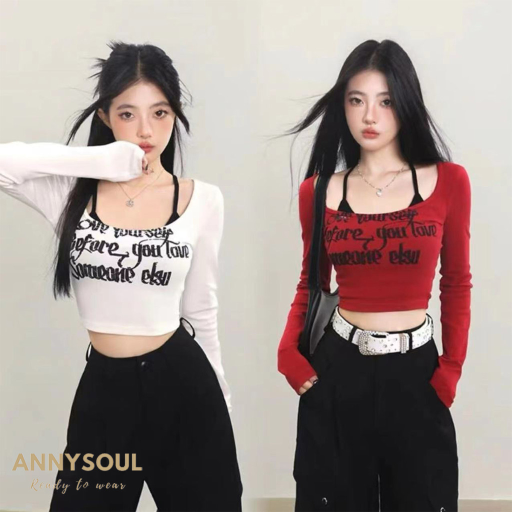 เสื้อยืดหญิงแขนยาว ใหม่ คอตรง สไตล์โกธิค