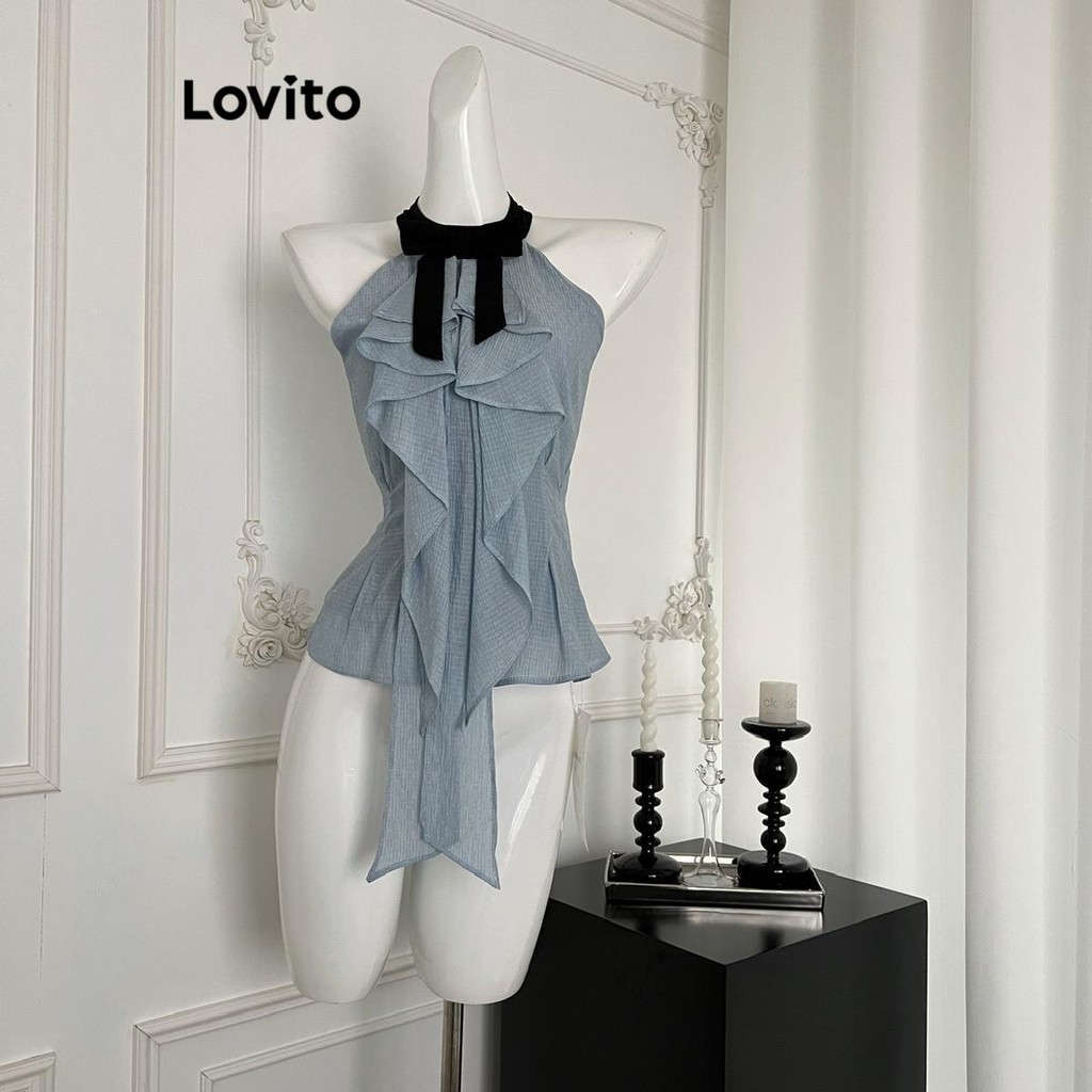 Lovito เสื้อเบลาส์ผู้หญิง แต่งระบาย แต่งโบว์ สีพื้น สไตล์ลำลอง LNA67266