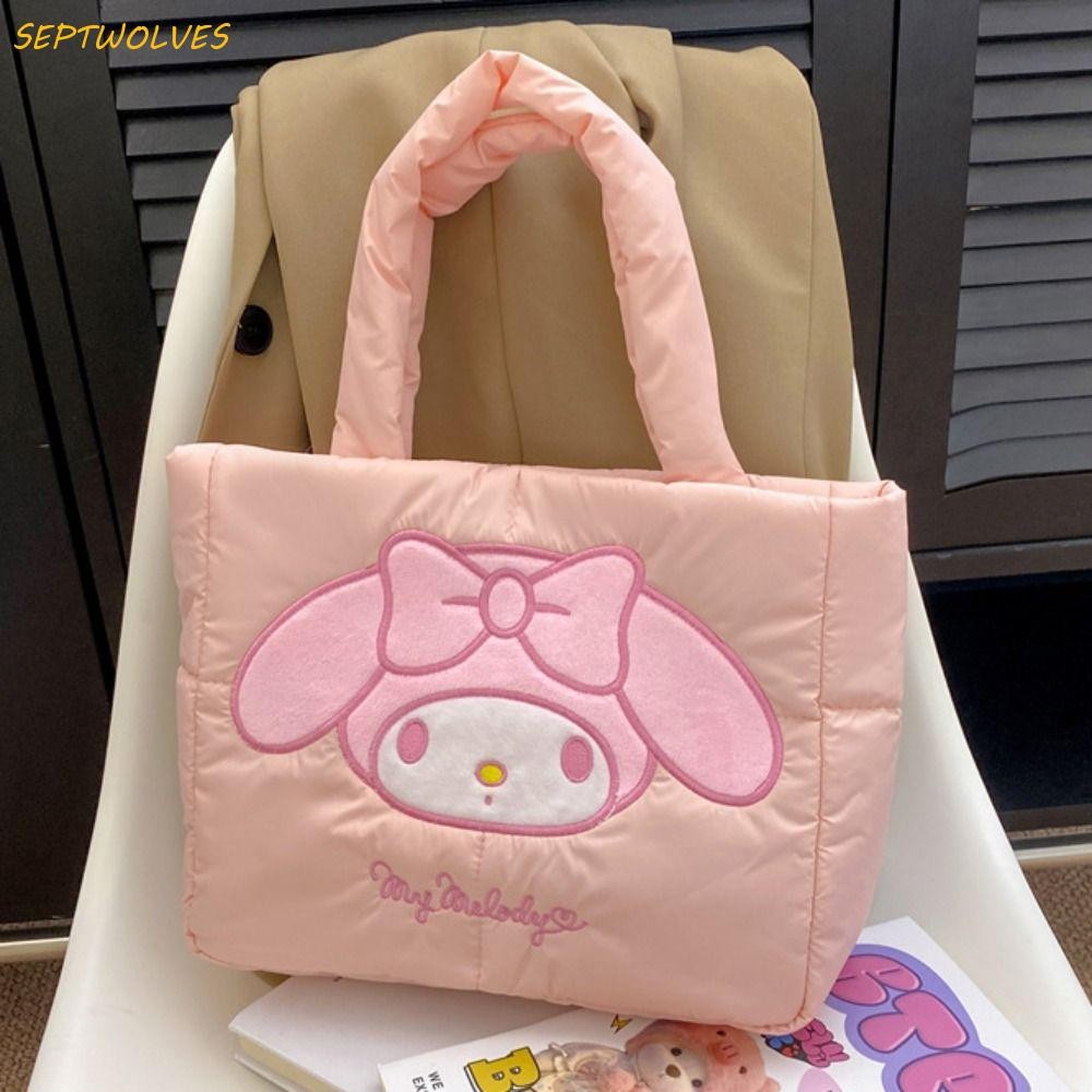Septwolves Down Fabric Kuromi กระเป๋าสะพาย, Cinnamoroll ความจุขนาดใหญ่ Melody Tote Bag, Soft Kiity Cat กระเป๋าเก็บของสไตล์เกาหลีกระเป๋าถือการ์ตูนเดินทาง