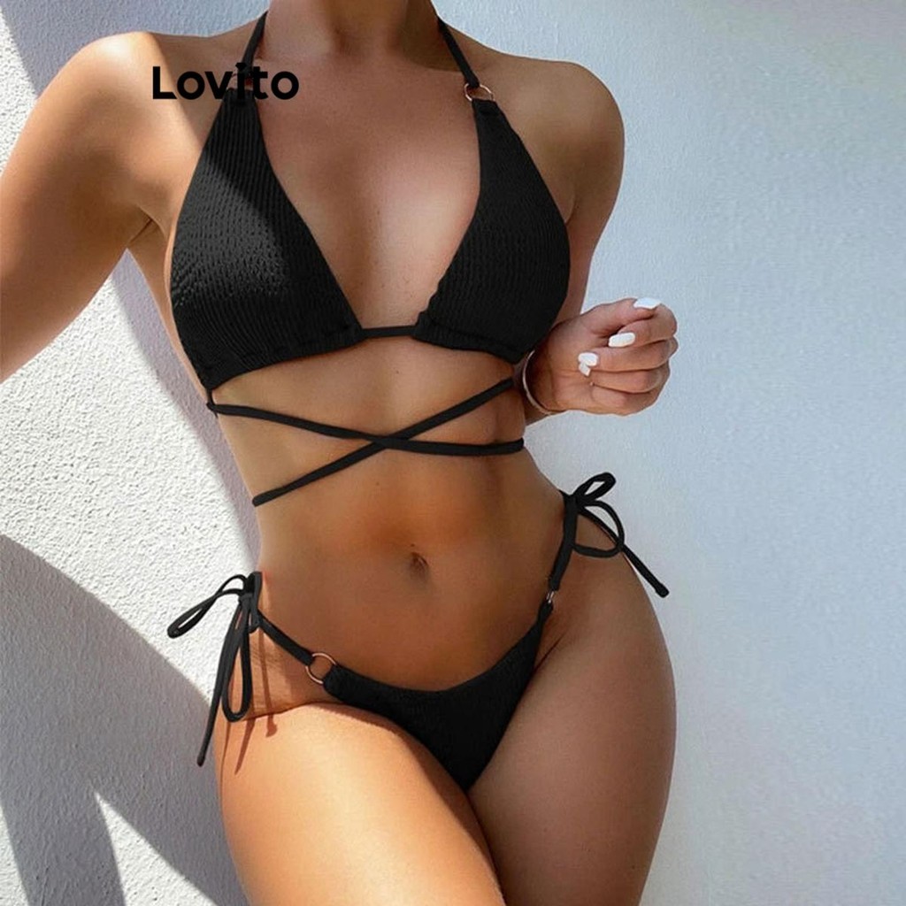 Lovito ชุดบิกินี่ไขว้สำหรับผู้หญิงเซ็กซี่ธรรมดาลูกไม้ขึ้นไขว้ชุดบิกินี่สำหรับผู้หญิง LNL81240