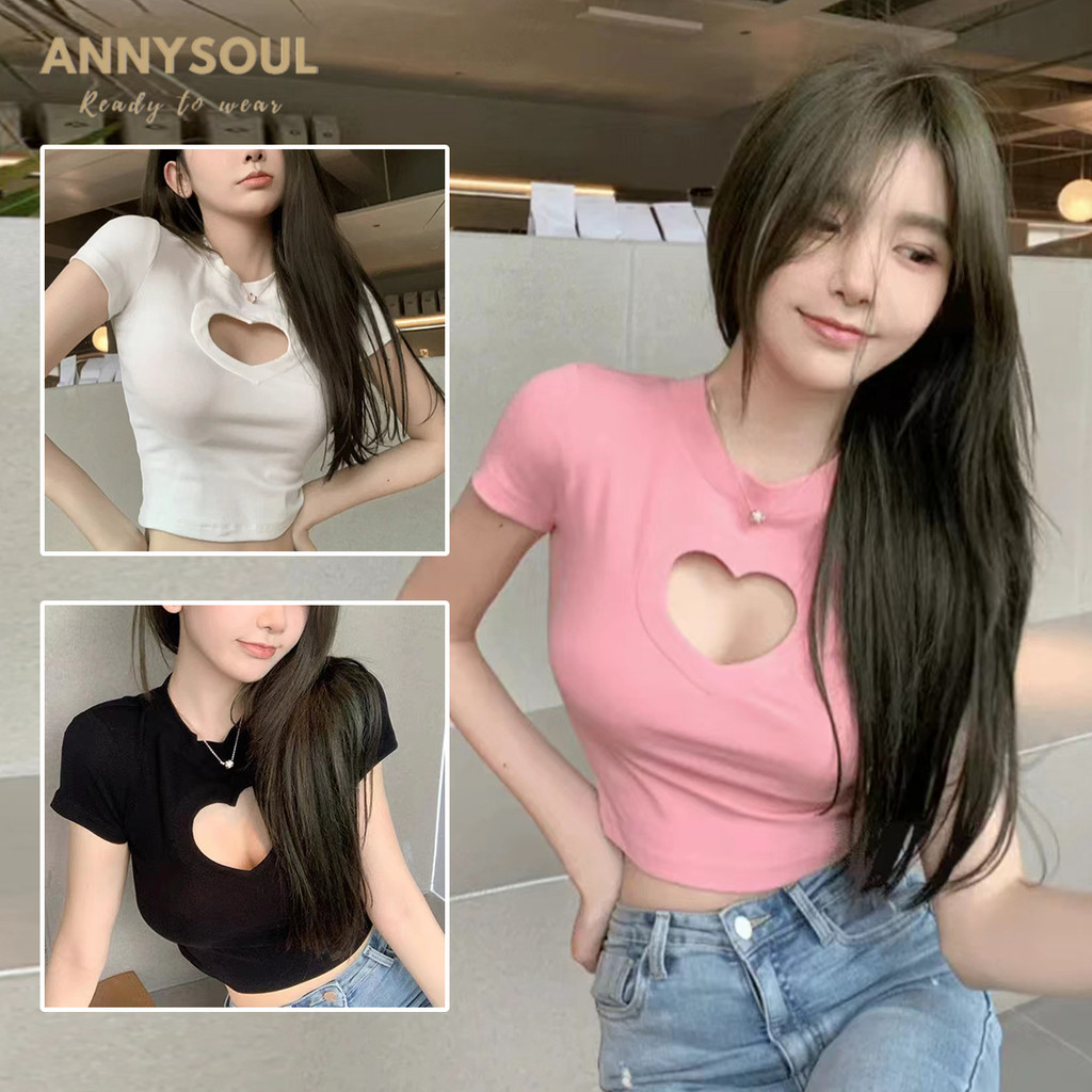 เสื้อยืดหญิงสีชมพู ฤดูร้อน ดีไซน์ลายหัวใจ ตัวสั้น แขนสั้น