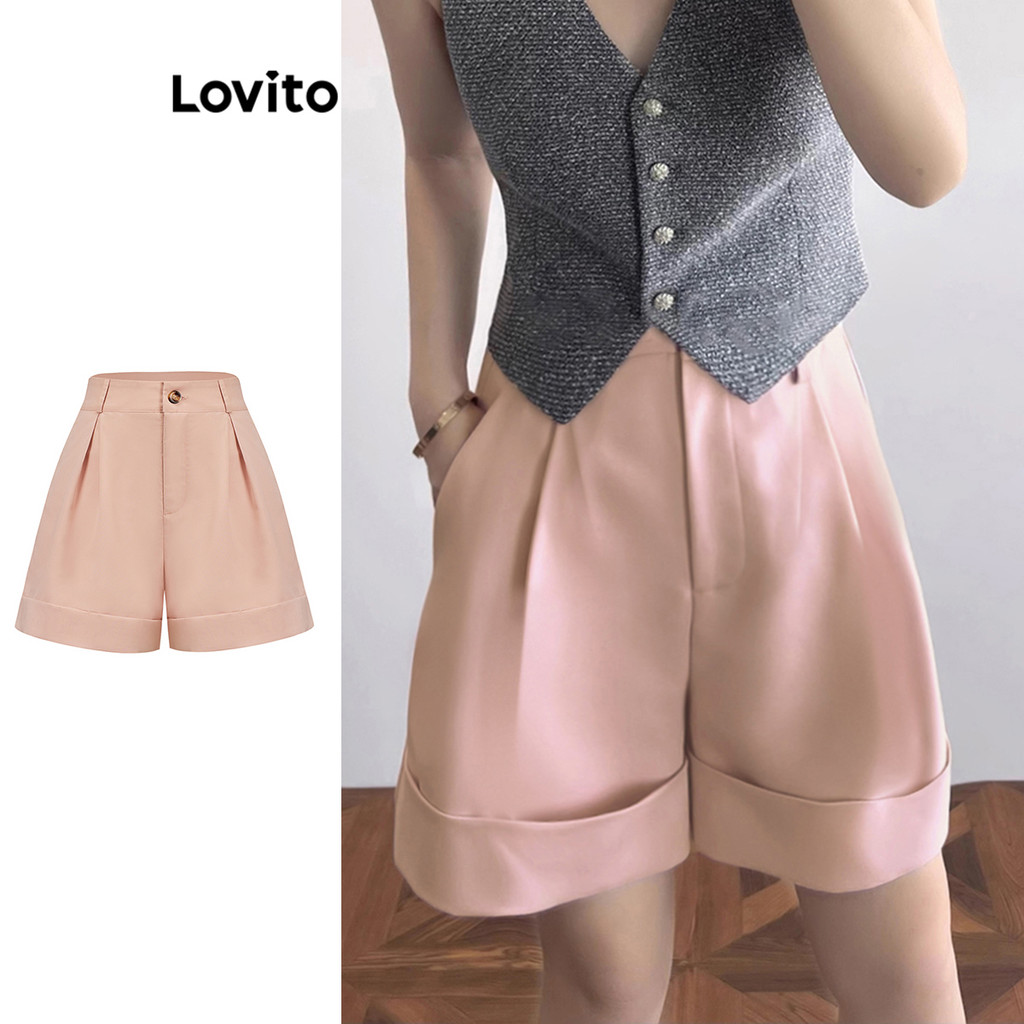 Lovito จีบสั้นสำหรับผู้หญิงแบบลำลองธรรมดาจีบสั้นสำหรับผู้หญิง L95ED362