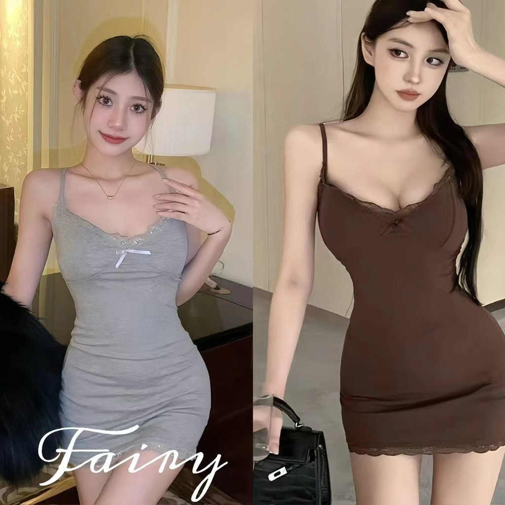 Fariy พร้อมส่ง ชุดเดรสกระโปรงลายลูกไม้สำหรับผู้หญิง ใหม่ กระโปรงเอวสูงทรงเข้ารูปเซ็กซี่รัดสะโพกพร้อมแผ่นซับน้ำนม（พร้อมแผ่นรองหน้าอก）