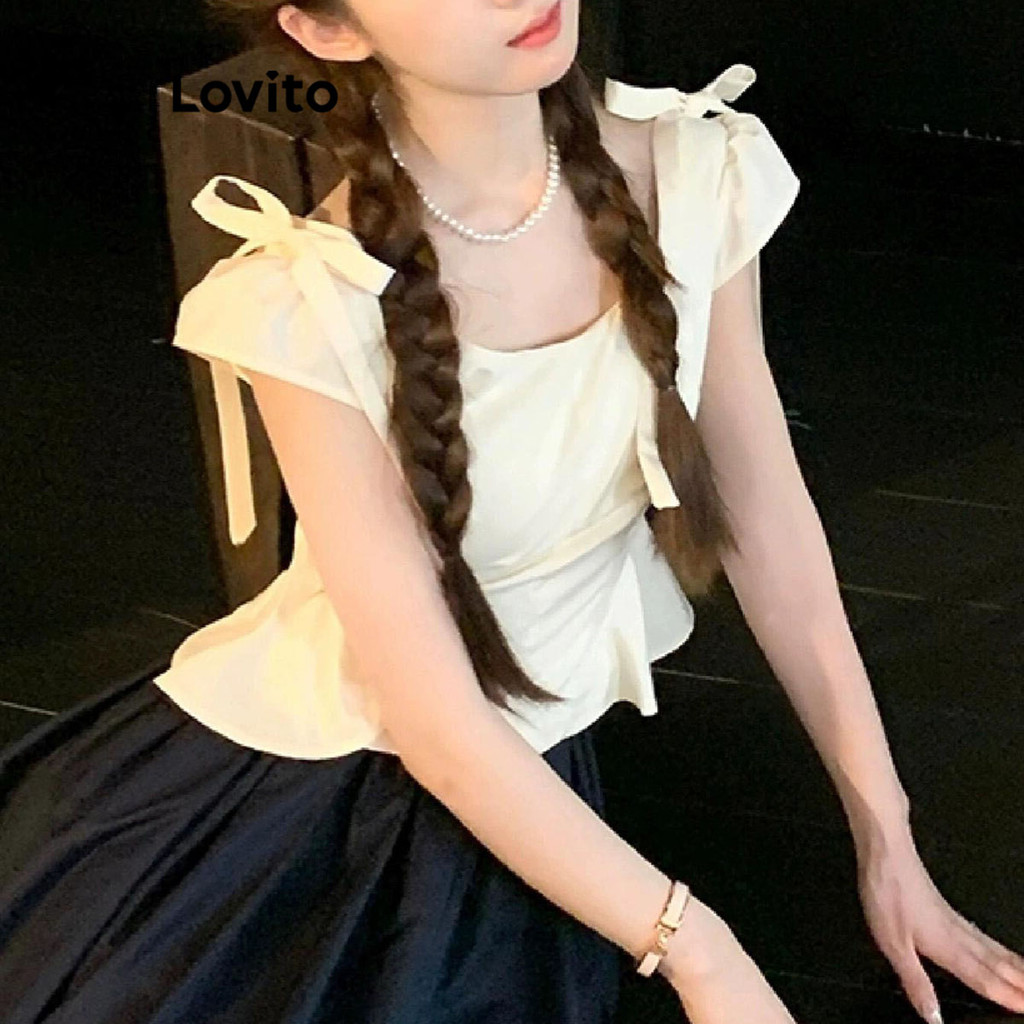 Lovito เสื้อเบลาส์ลูกไม้โบว์ธรรมดาหรูหราสำหรับผู้หญิง LNE73717