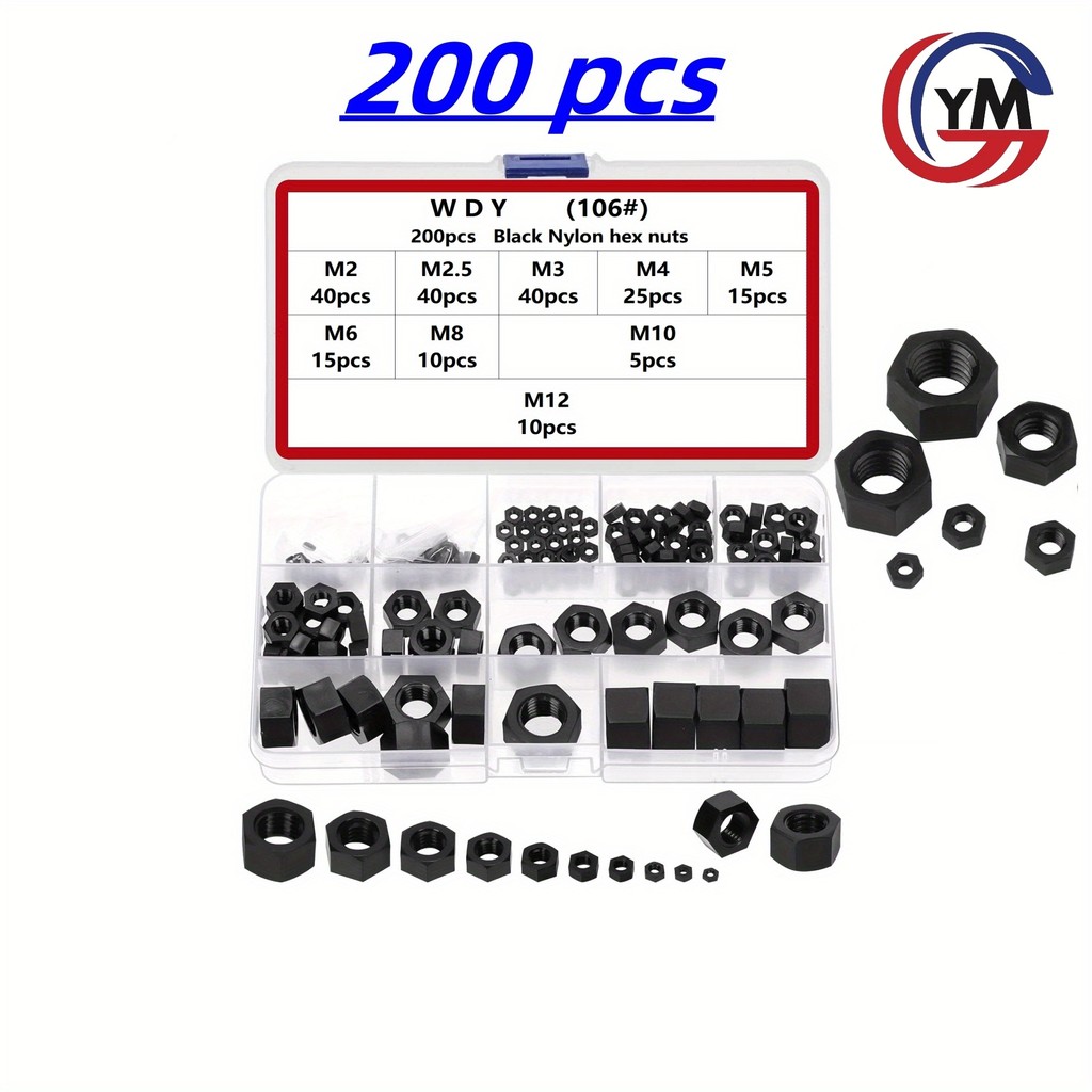 200 ชิ้นเมตริกไนลอนสีดํา Hex Nut ชุดรวม, M2-M12 เกลียวพลาสติก Fastener Nut, ในครัวเรือน Car Workshop Fastener Hex Nut