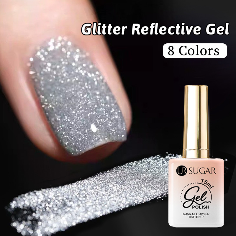 Ur SUGAR ยาทาเล็บเจลสะท้อนแสง Sparkling Silver Glitter UV Gel กึ่งถาวร Soak Off 15ml