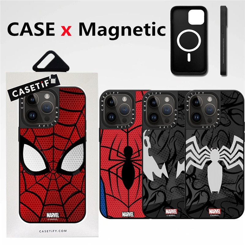 Casetifg Spider Man Venom กระจกคุณภาพสูงชาร์จแม่เหล็กเคสโทรศัพท์พร้อมกล่องสําหรับ iPhone 16 12 13 14 15 Pro Max 16 Plus Soft Side Fons แกะสลักปลอกกันกระแทกปกแข็ง