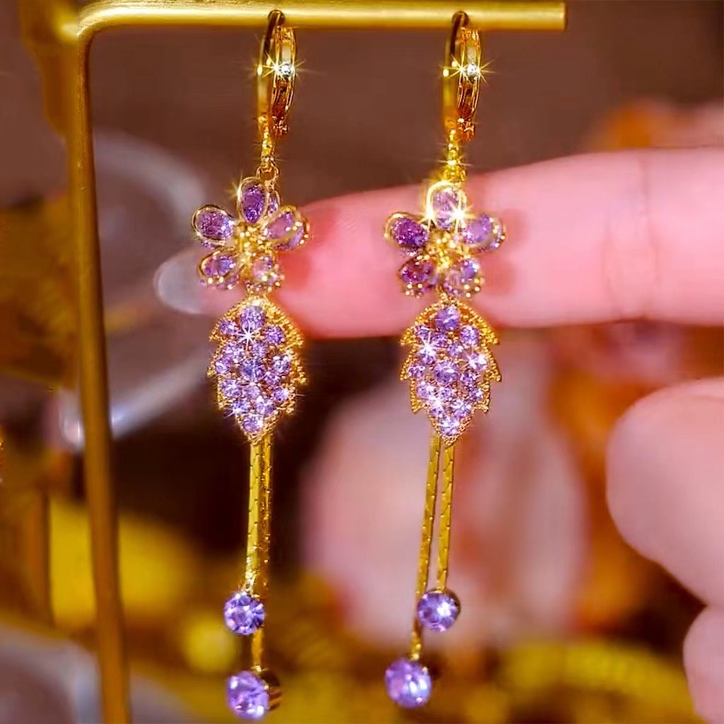 ต่างหูพู่ใบไม้ดอกไม้สีม่วงเพชรเต็มประกายแวววาวต่างหูยาว