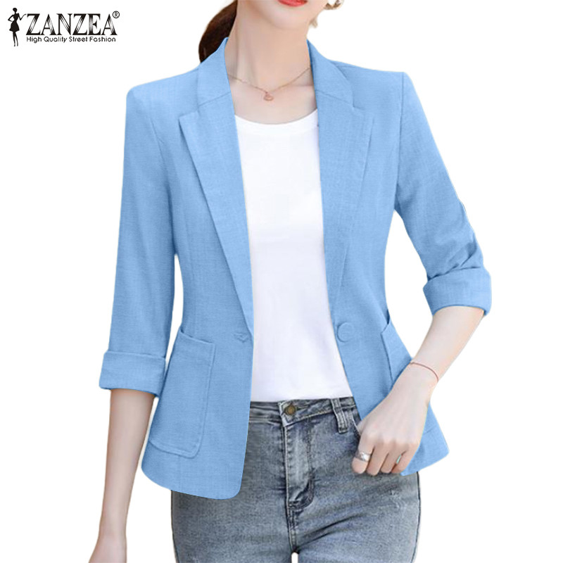 Zanzea เสื้อเบลาส์สีทึบแขน 3/4 ผู้หญิงเกาหลี