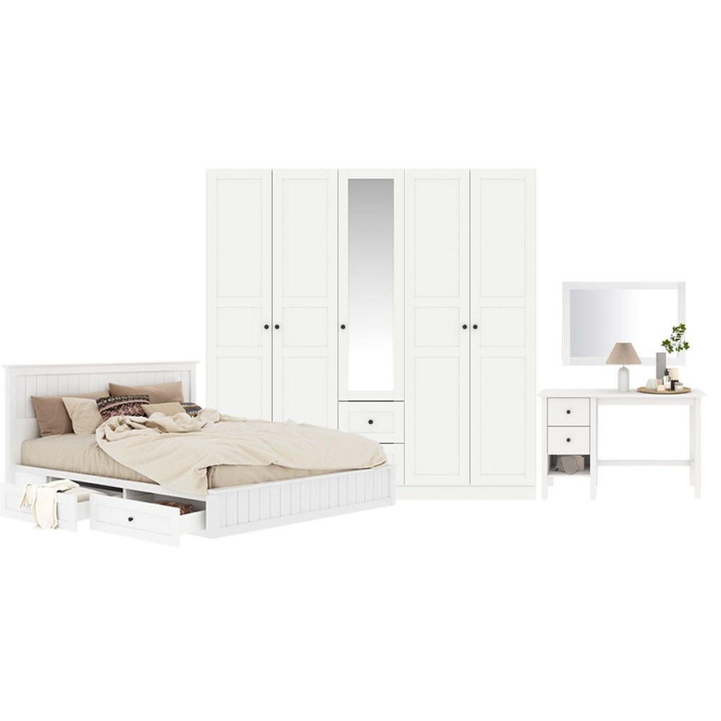 Koncept Furniture ชุดห้องนอน ขนาด 6 ฟุต แบบลิ้นชัก รุ่น Moneta & ตู้เสื้อผ้าขนาด 200 ซม. สีขาว  แบรนด์ KONCEPT FURNITURE