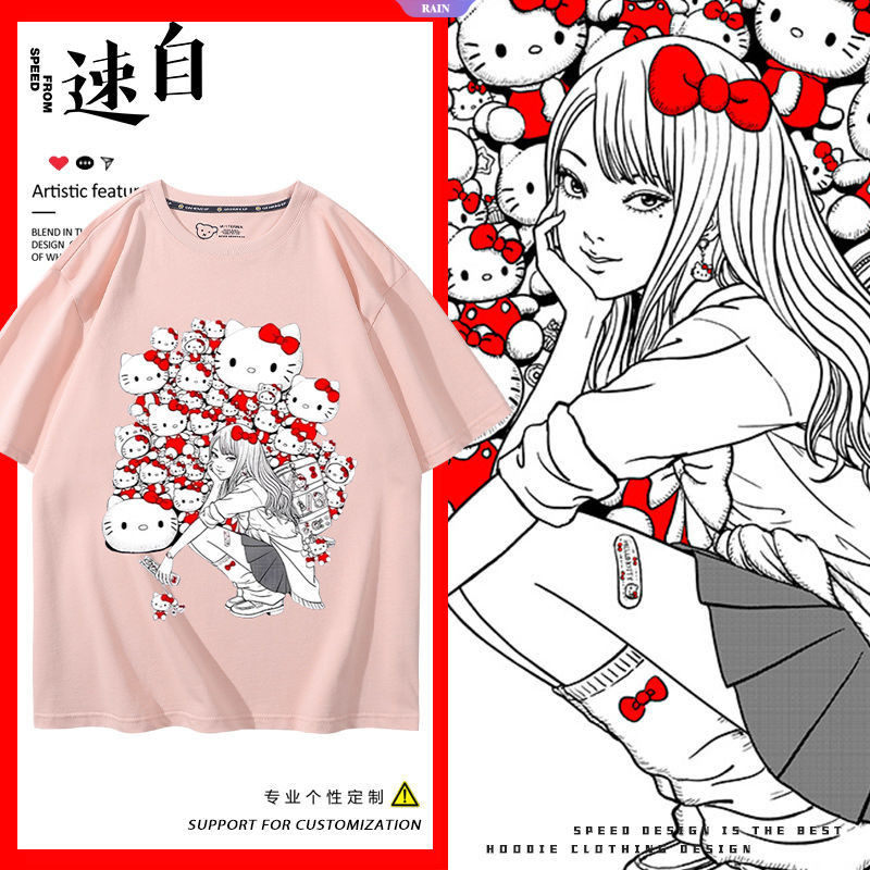 Ito Junji Hello Kitty และ Tomie แขนสั้นสําหรับผู้ชายและผู้หญิงฤดูร้อนญี่ปุ่นน่ารักร้อยเสื้อยืด [RAIN