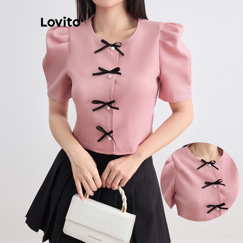 Lovito เสื้อเบลาส์ไข่มุกด้านหน้าปุ่มโบว์ธรรมดาหรูหราสำหรับผู้หญิง L105MD257