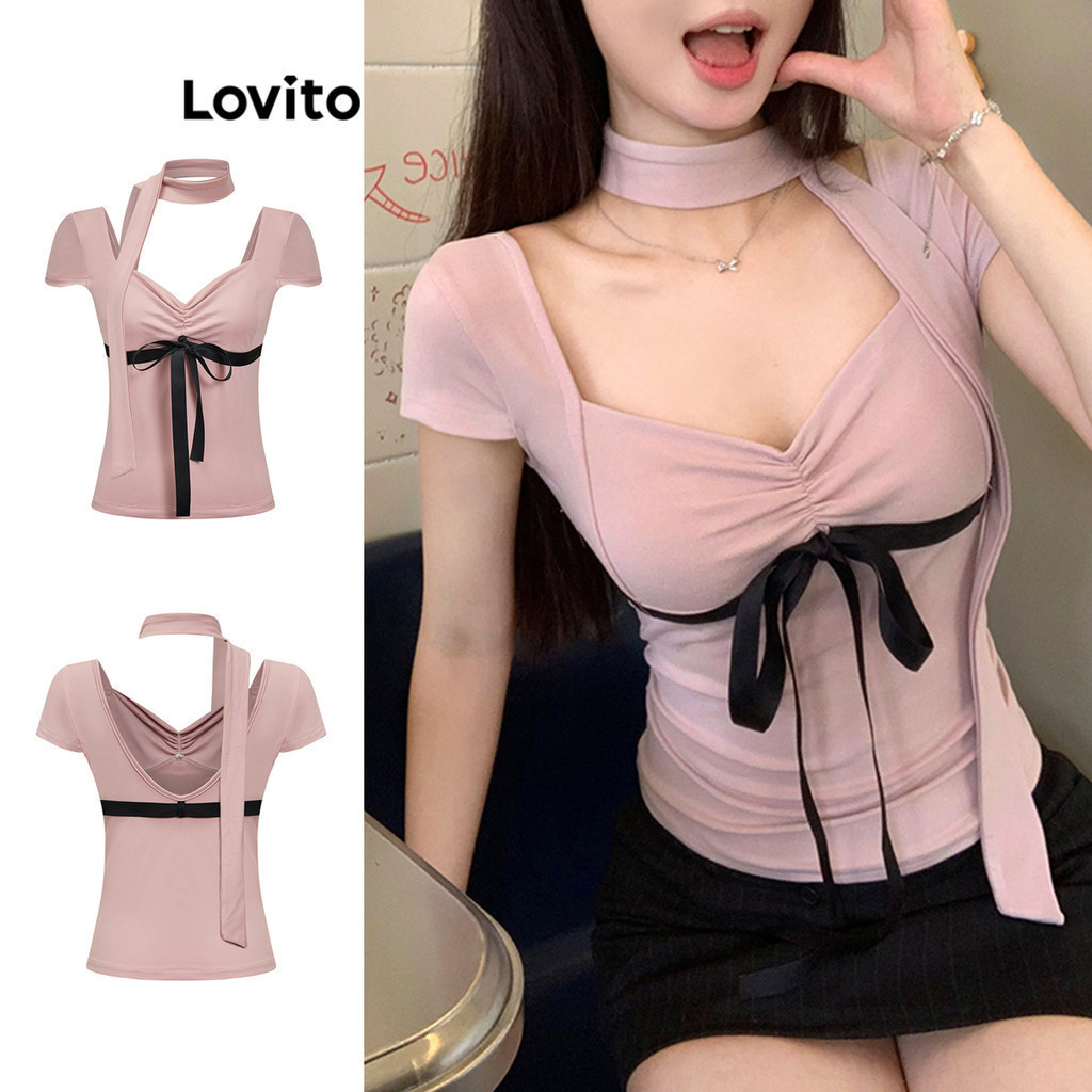 Lovito เสื้อยืดผู้หญิง คัลเลอร์บล็อก มีเข็มขัด สีพื้น สไตล์น่ารัก L88AD217