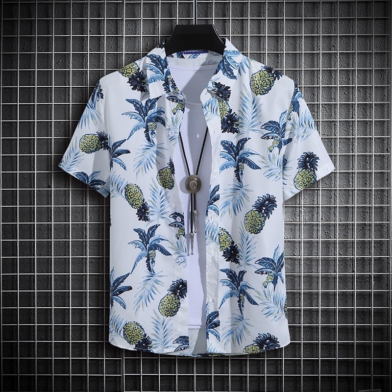เสื้อเชิ้ตแขนสั้นพิมพ์ลายทรงหลวมสไตล์ฮ่องกงสําหรับผู้ชาย ม-3เอ็กแอล