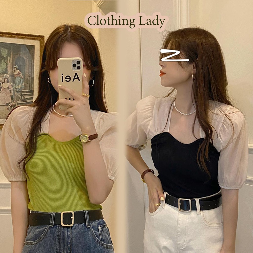 กระดูกไหปลาร้า เอวแคบสีดําคอสี่เหลี่ยมแขนพัฟเสื้อกํามะหยี่หญิงสไตล์ศาลแขเสื้อยืดผู้หญิง#9903