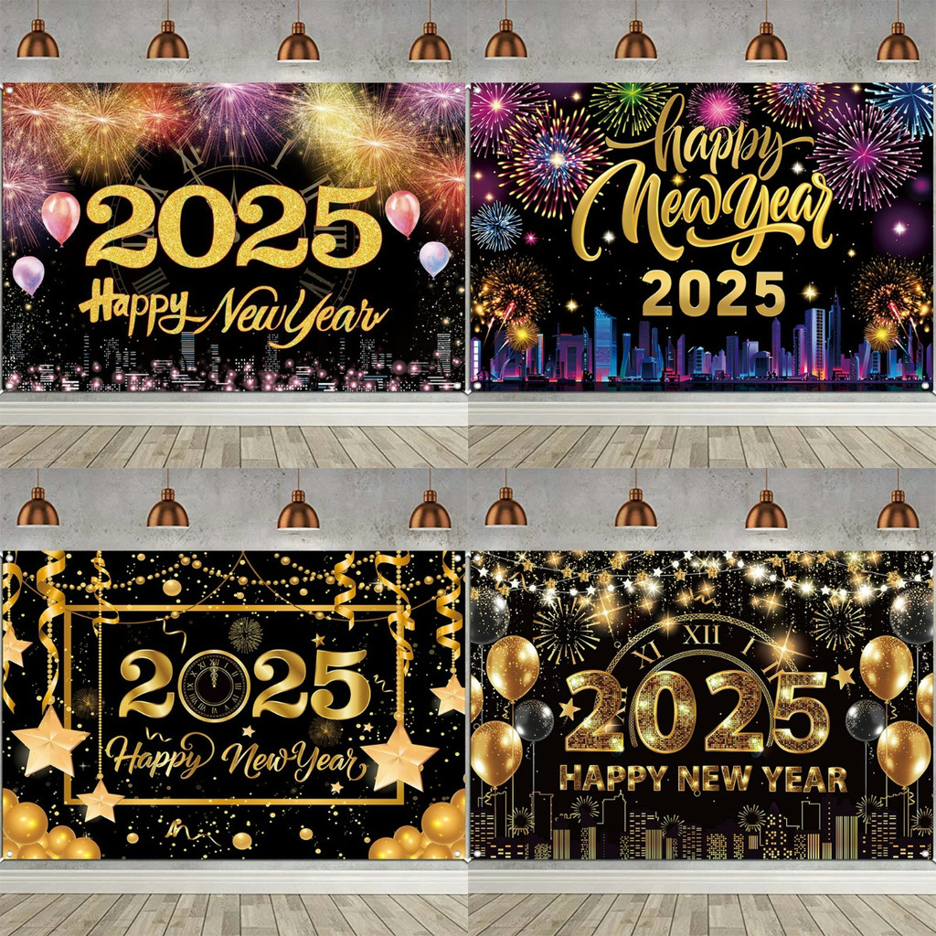 100*150 ซม.สีดําทองสวัสดีปีใหม่แบนเนอร์พลุเพชร 2025 ออกแบบฉากหลังพื้นหลังอุปกรณ์ประกอบฉากภาพตกแต่งปีใหม่ 2025