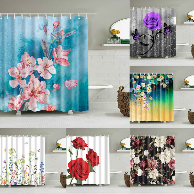 Pink Sunflower Shower Curtain Set Plant Bathroom Decor Home Bathroom Curtain Bathroom Curtain With H