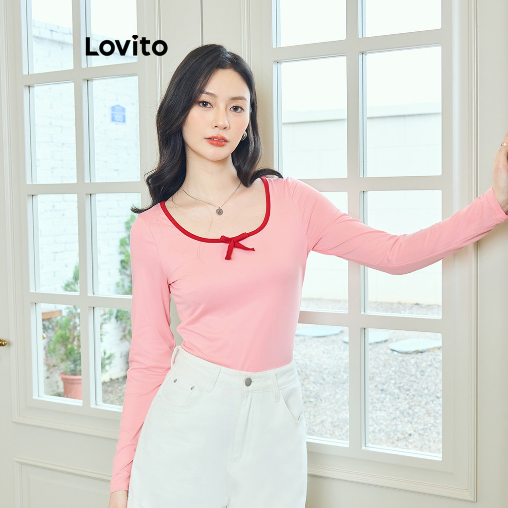 Lovito เสื้อยืดโบว์สีพื้นลำลองสำหรับผู้หญิง L104ED488