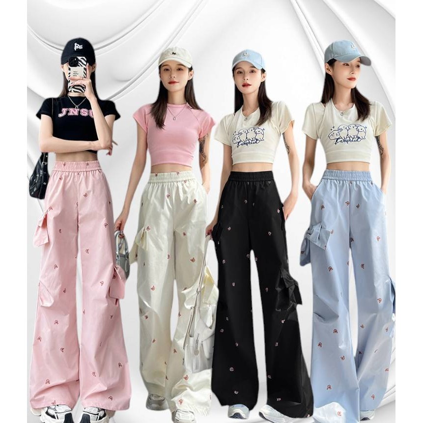 กางเกงขาทรงกระบอก ผ้าไม่ยืด B45 พิมพ์ลายน้องแมว กางเกงแต่งโบว์ มีกระเป๋าข้าง