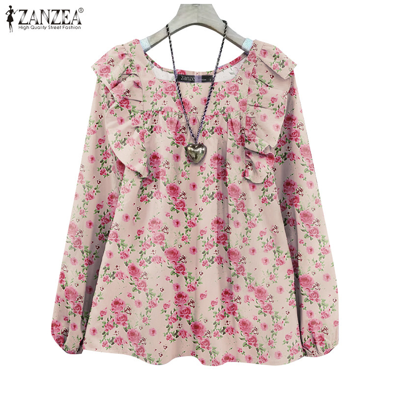 ZANZEA ใส่ ซานเซีย ผู้หญิงแฟชั่นสแควร์คอแขนยาวนัวเนียดอกไม้พิมพ์เสื้อ