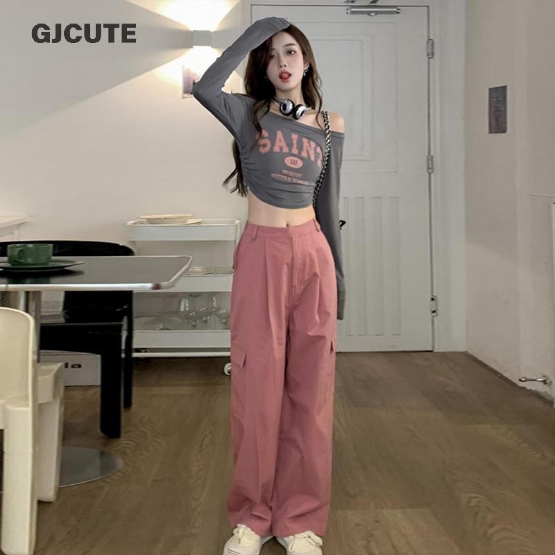 Gjcute แฟชั่นเอวสูงลําลองหลวมสีทึบสําหรับผู้หญิง WTD