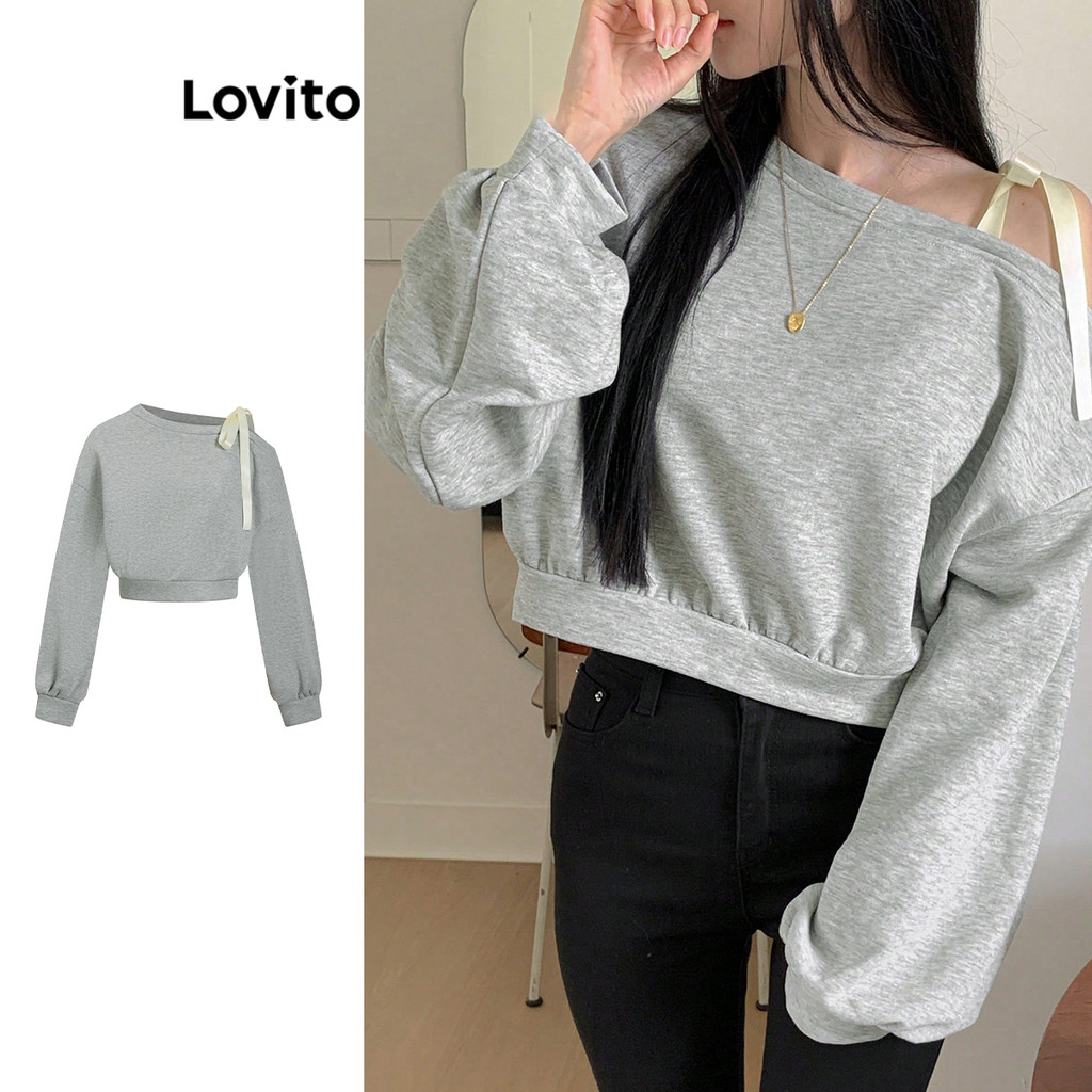Lovito เสื้อสเวตเตอร์ไหล่เย็นน่ารักด้านหน้าไม่สมมาตรสำหรับผู้หญิง L106AD021