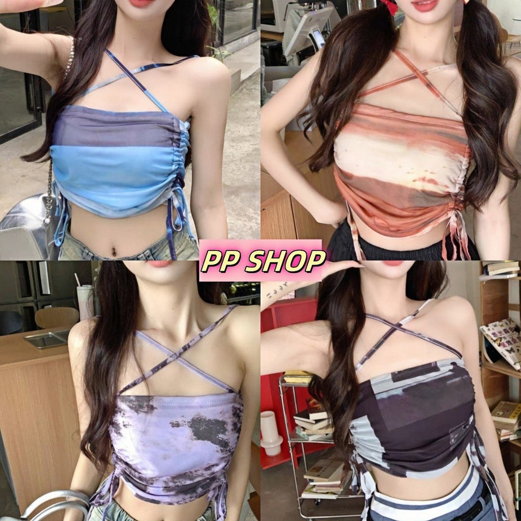 PP Shop​ ​​พร้อมส่ง เสื้อครอปมีฟองน้ำใส่สบาย เซ็กซี่เปิดหลัง ครอปกล้ามคล้องคอผ้าเรย่อน#FY2245#1