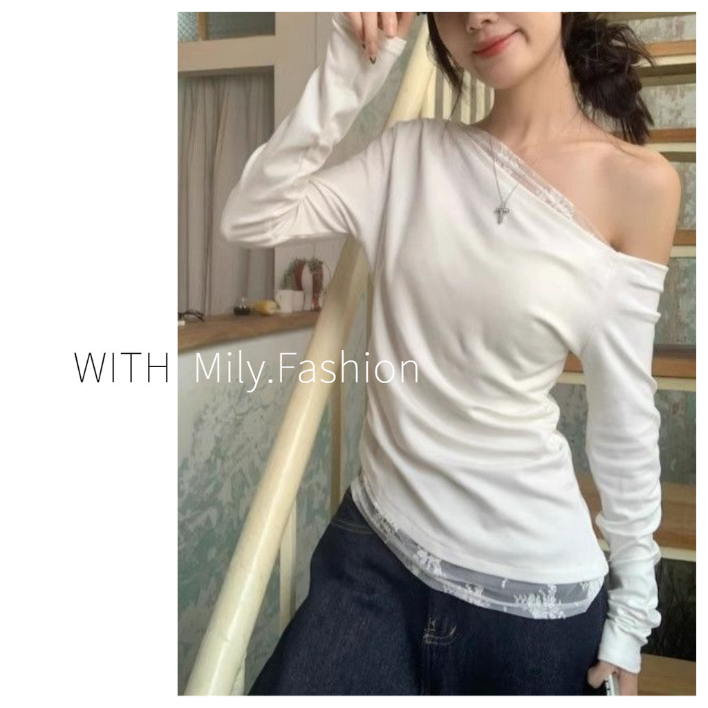 Milyfashion เสื้อยืดไหล่ลายลูกไม้สีขาวแนวทแยงหญิงต้นฤดูใบไม้ร่วง Chic หวานสาวฮอตเสื้อเปิดไหล่สั้นเข้ารูปเสื้อตัวใน