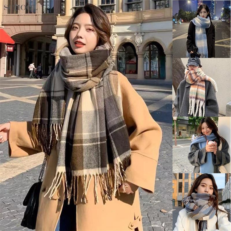แฟชั่นฤดูหนาวผ้าพันคอลายสก๊อตหญิงฤดูใบไม้ร่วงและฤดูหนาวทุกอย่างใหม่สบายๆคลาสสิกลายสก๊อตพู่ถักผ้าพันคอ