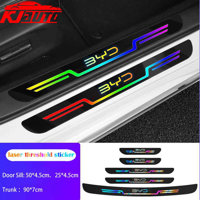 ใหม่เลเซอร์ BYD รถเกณฑ์สติกเกอร์ป้องกันที่มีสีสันสะท้อนแสงประตูรถ Sill สติกเกอร์กันรอยขีดข่วนสําหรับ BYD Atto 3 Dolphin E6 Tang Seal อุปกรณ์เสริม