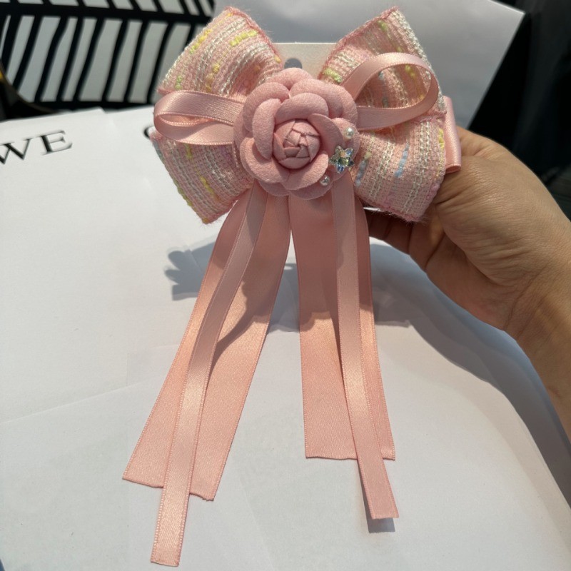 สีขาว Camellia ดอกไม้ Hairpins Fairy Bow ยาวริบบิ้นฤดูใบไม้ผลิคลิปผมเครื่องประดับผม
