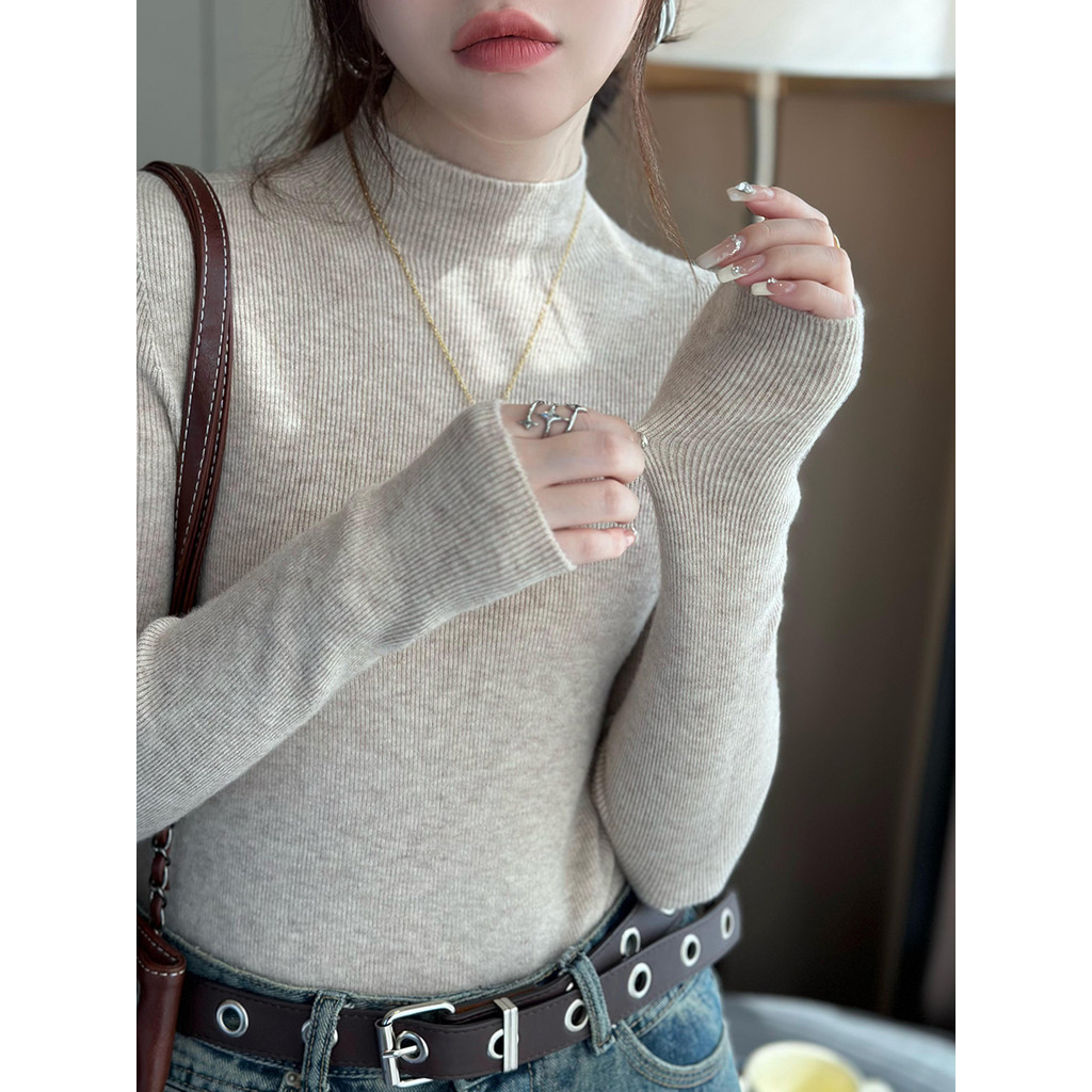 Suxi Retro Simple ฤดูใบไม้ร่วงใหม่แขนยาวคอสูงถักเสื้อกันหนาวเสื้อกันหนาวผู้หญิง 241015