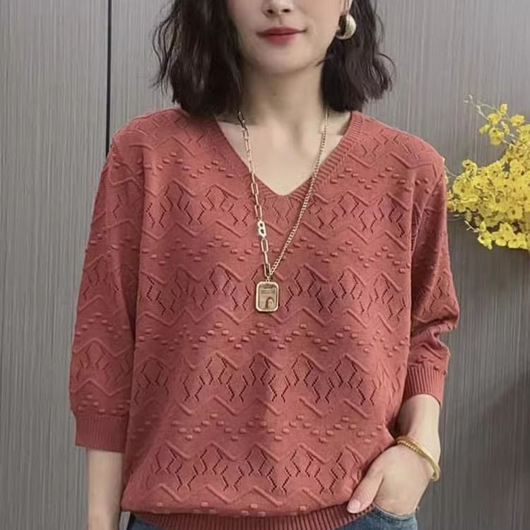 ผ้าไหมน้ําแข็งถักเสื้อขนาดบวกผู้หญิงฤดูร้อนหลวมสบายๆกลวงแขนสั้นเสื้อยืด