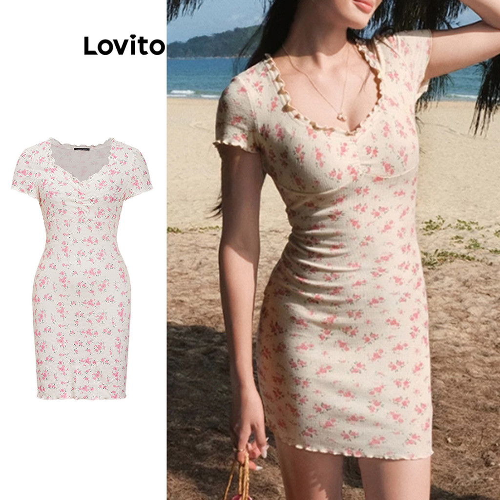 Lovito ชุดเดรสระบายจีบลายดอกไม้สไตล์ลำลองสำหรับผู้หญิง L104ED964