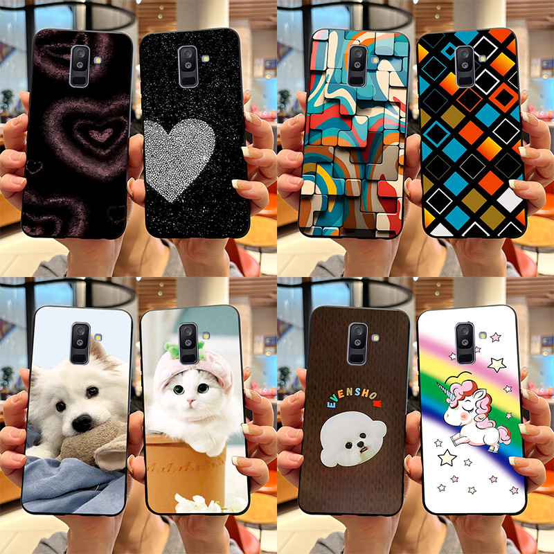 สําหรับ Samsung Galaxy A6+ (2018) A605G / A6 (2018) A600F ใหม่ล่าสุด 2024 การออกแบบ Cartoons heart พิมพ์ Black Jelly ซิลิโคนอ่อนนุ่ม TPU กรณี