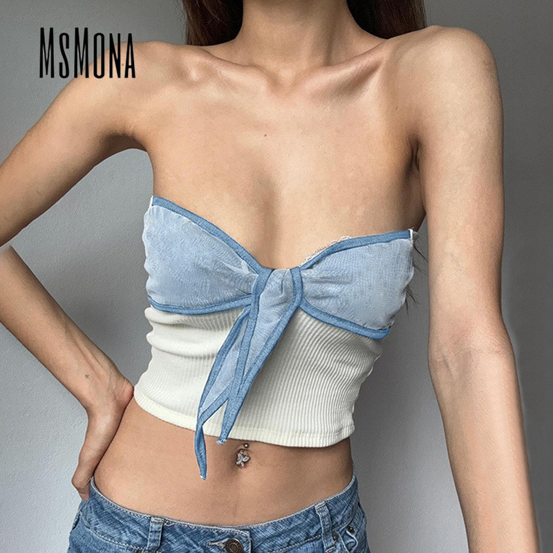 Msmona ผู้หญิงเสื้อกล้าม 2024 Contrast สี Bowknot แขนกุดแฟชั่นทุกวัน Casual Slim Fit กลางแจ้ง Streetwear All Match
