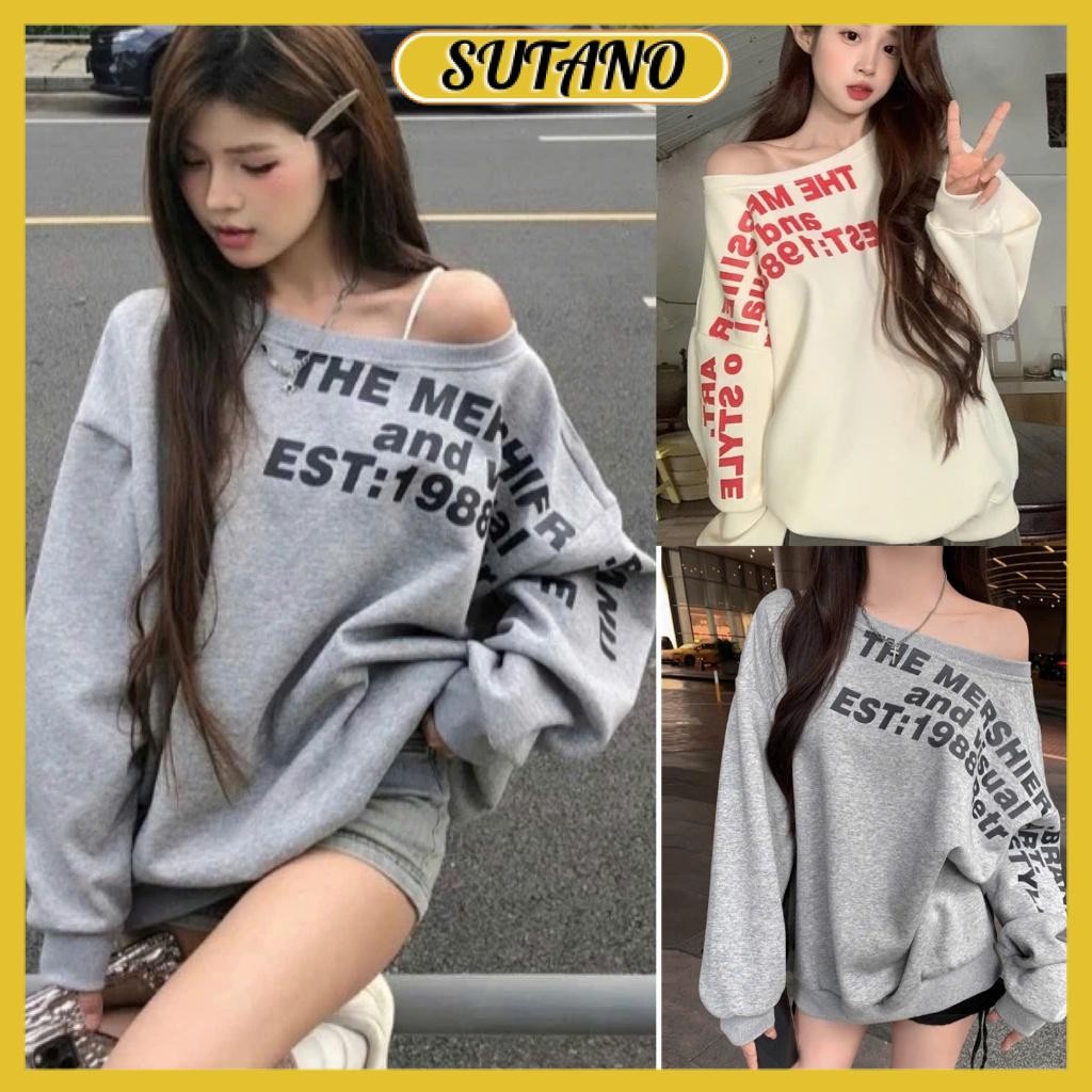 เสื้อกันหนาวเปิดไหล่สําหรับผู้หญิงพิมพ์ลายตัวอักษรเสื้อมีฮู้ดเปิดไหล่แขนยาวทรงหลวมสไตล์เกาหลี ก195 ซัตโน