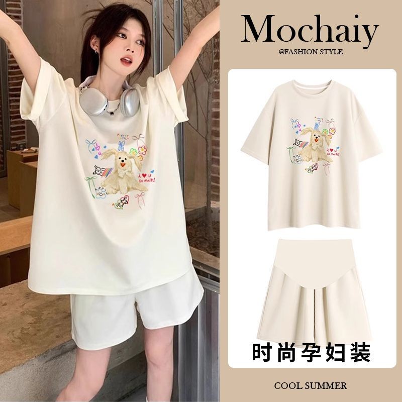 YHTN ชุดเซ็ทคนท้อง ชุดเซ็ทคลุมท้อง ฤดูร้อน แฟชั่น นุ่มและสบาย คุณภาพสูง สินค้าใหม่ ชุดออกงานคนท้อง