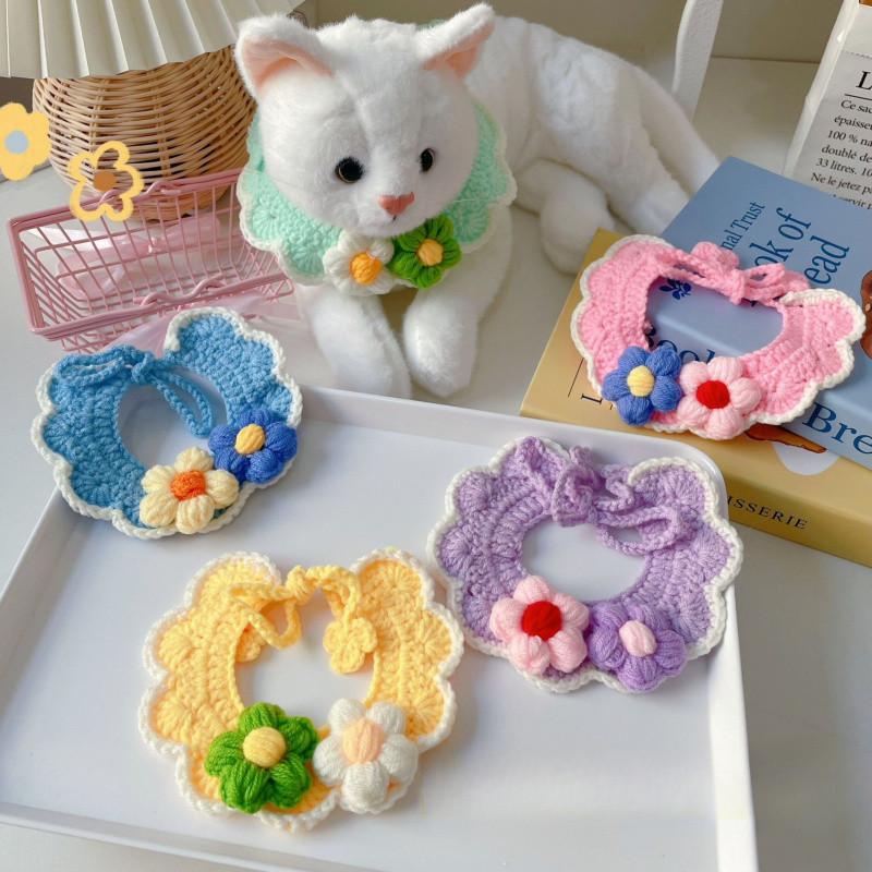 【คอสวยฤดูร้อน】ปลอกคอแมวสุนัขลายดอกไม้ - สร้อยคอไหมพรมถักมือ ปรับขนาดได้ สำหรับสัตว์เลี้ยงตัวเล็ก (ซักได้)