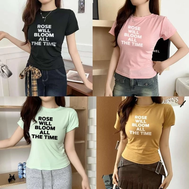 G01-02 เสื้อยืดสีดำแขนสั้นพิมพ์ลายอังกฤษ สุดน่ารัก แนวเกาหลี หลายไซส์ ผ้านิ่มสวมใส่สบาย ใส่ได้ทุกโอกาส ราคาถูก