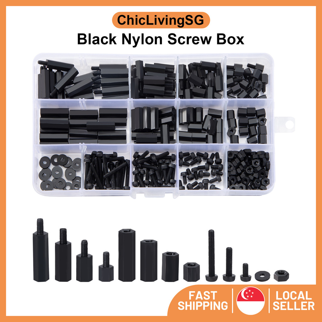 260PCS Black Nylon Screw Assortment Kit / M3 Nylon Hex Spacers Screw / M3 Black Nylon Screw Set