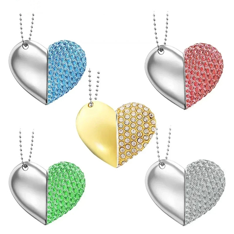 คริสตัลรักสร้อยคอสีชมพูสีดํากล่องของขวัญแฟลชไดรฟ์ USB 4GB 8GB 16GB 32GB 64GB 128GB ไดรฟ์ปากกา Gold M