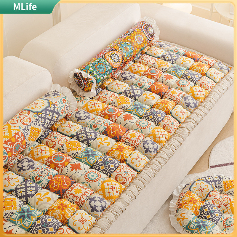 สไตล์เกาหลีผ้าฝ้ายแท้หนาโซฟาปลอกหมอนอิง1 2 3 ที่นั่งสไตล์พระพิมพ์อ่าวหน้าต่างเสื่อกันลื่นผ้าที่นอนเบาะ