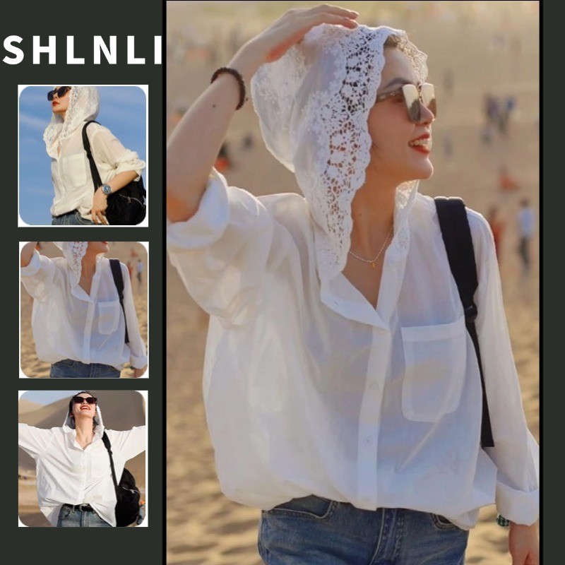 เสื้อกันแดดน้ำหนักเบาทองสำหรับผู้หญิง สำหรับฤดูใบไม้ผลิและฤดูร้อน ออกแบบเรียบง่าย สีทึบ พร้อมลายลูกไม้และเนื้อผ้าด้านบน