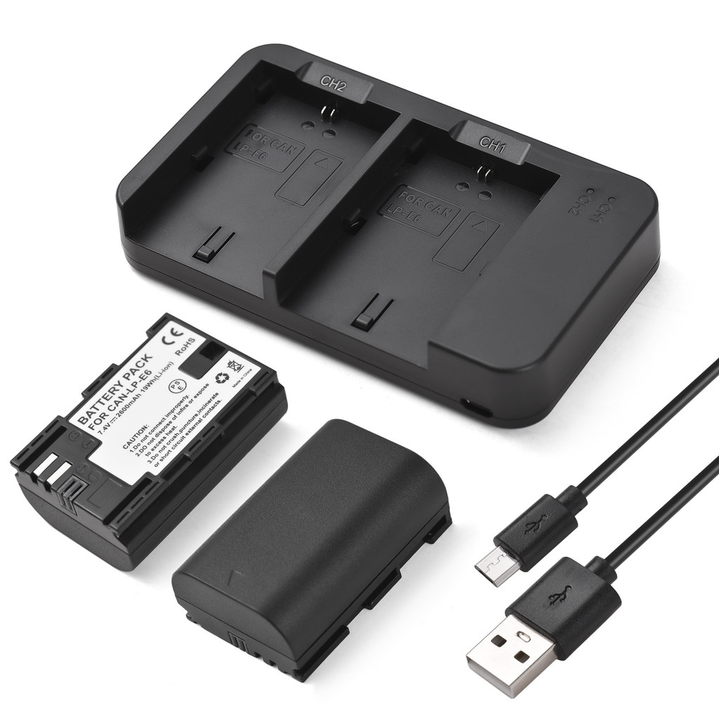 กล้อง LP-E6 LP-E6N แบตเตอรี่และชุดชาร์จ 2 ช่อง + 2pcs LP-E6 แบตเตอรี่ 7.4V 2600mAh + สายชาร์จ USB สํ