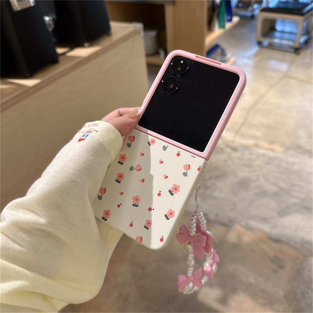 Sweet Fresh เคสบล็อกสีดอกไม้เกาหลีพร้อมโซ่สร้อยข้อมือมุกโบว์สําหรับ Xiaomi Mix Flip Mixflip2 ฝาหลังแบบแข็ง